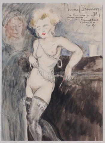 MARCEL PRUNIER (French 20th Century): Watercolor bar scene 8.75x12 (sight), signed and dated '35 upper right with inscription in French.