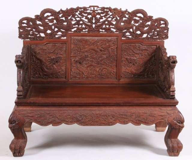 CHINESE CARVED HUANGHUALI WOOD KANG: A good late Chinese piece in throne form carved with Imperial dragons 58" x 54"
