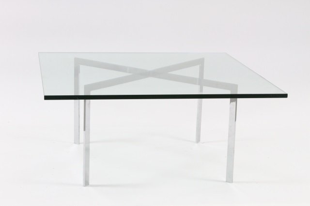 BARCELONA STYLE COFFEE TABLE: Heavy chrome frame, 40" x 40" x 18"