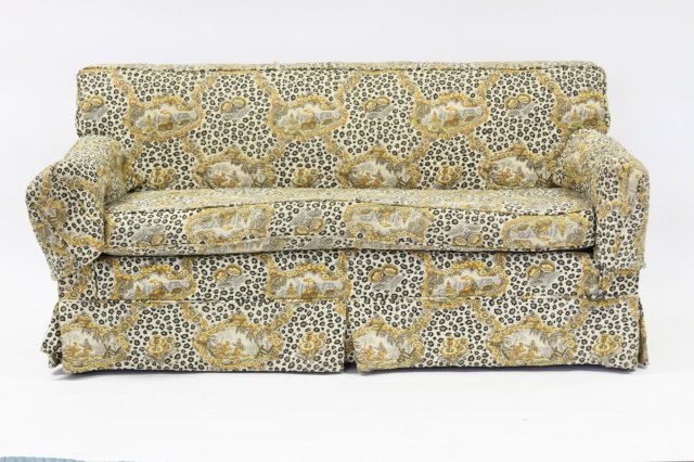 PAIR UPHOLSTERED SETTEES FOR REUPHOLSTERY PROJECT: In need of complete overhaul, 61" L x 31" H x 34" D