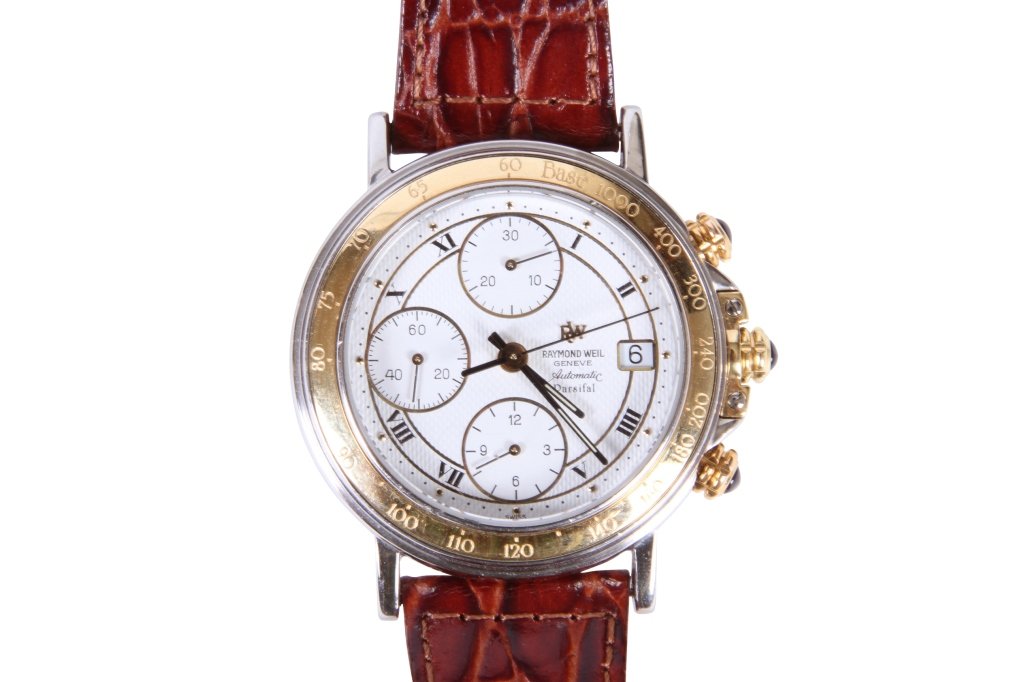 RAYMOND WEIL GOLD & STAINLESS MEN'S WATCH: Automatic watch with date and sub-second and leather strap, 1 1/2" bezel, 8 3/4" long band