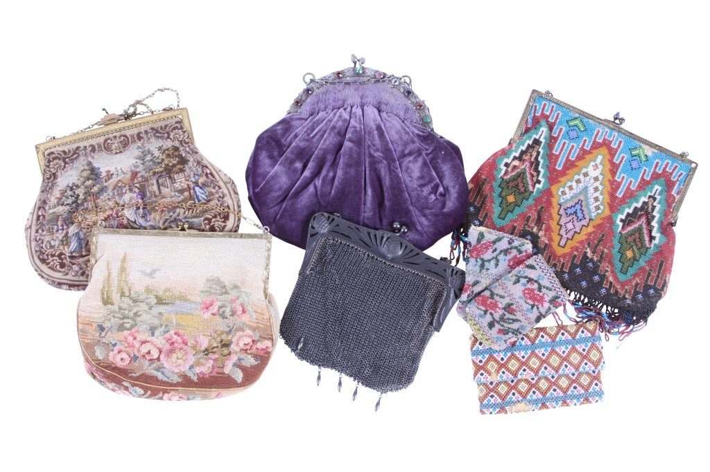 GROUP OF VINTAGE & ANTIQUE BAGS: Two needlepoint bags approximately 7" x 5" each good condition, one purple velvet bag with silvered and jeweled frame 7" x 7" good condition along with four additional beaded bags, losses and tears, o