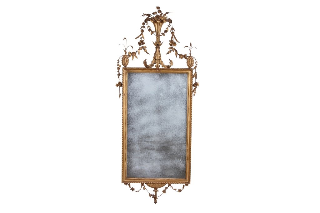 AMERICAN FEDERAL PIER MIRROR: Carved wood, gessoed and gilt decorated with wire and plaster leafy decoration, 52" x 22" , first quarter 19th century, Sold by John Walton, New YorkFrom the Estate of Thomas and Betty Mellon Evans