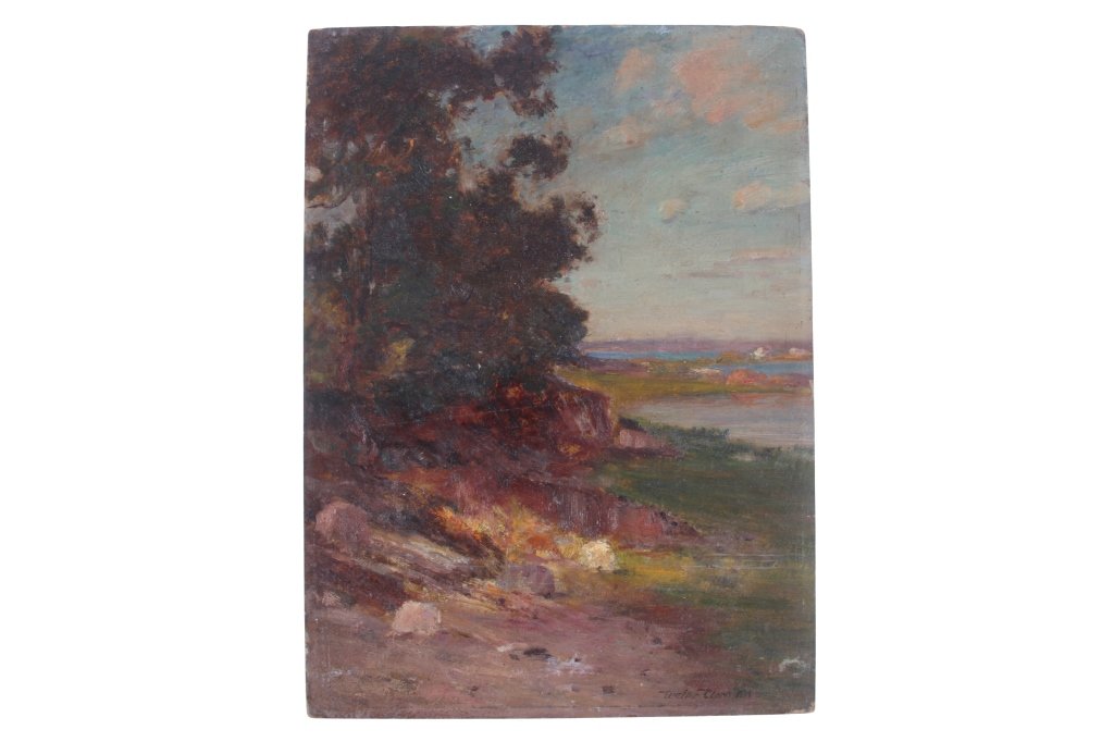 WALTER CLARK (1848-1917 American): Landscape, oil on artist board, 12 3/4" x 9 3/4", signed lower right From the Cloverbrook Estate