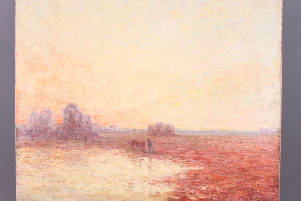 CONTINENTAL 19TH CENTURY SCHOOL: Field with Pond at sunset, oil on canvas, 25 1/2" x 31 1/2" , signed indistinctly lower right From the Cloverbrook Estate