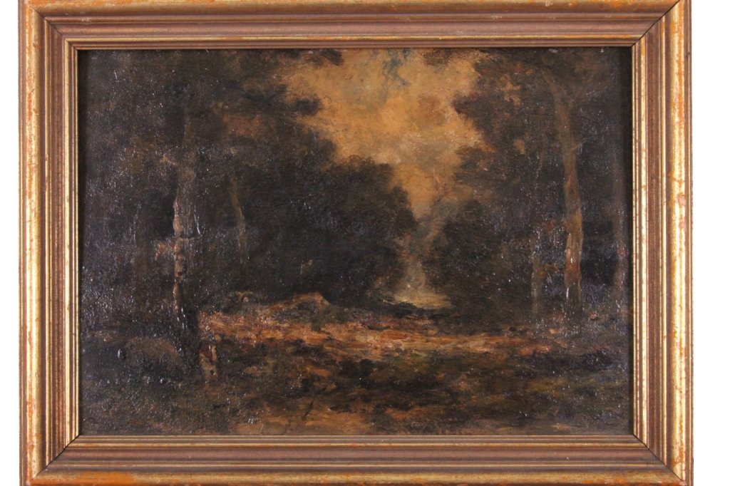 CONTINENTAL 19TH CENTURY SCHOOL: Forest Path oil on panel, 10" x 14", 19th century From the Cloverbrook Estate