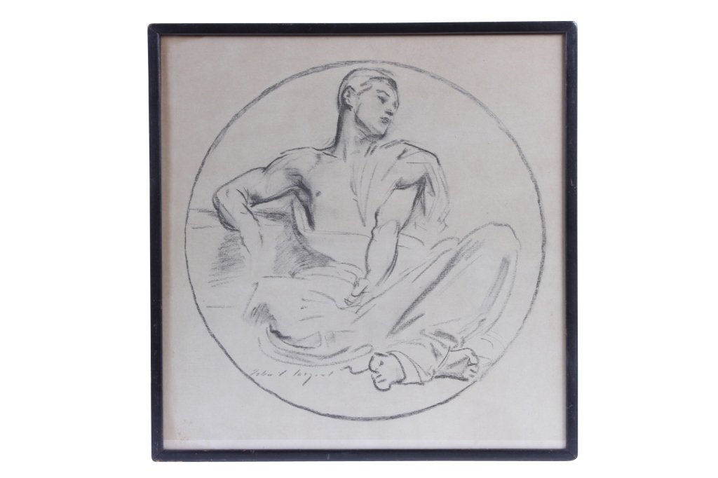 JOHN SINGER SARGENT ( 1856-1925 ): “Seated Youth” bare to the waist, fixed charcoal on Micallet paper sketch tondo, 18” x 18”,framed, signed ca. 1920-1924, From the Estate of Thomas and Betty Mellon Evans