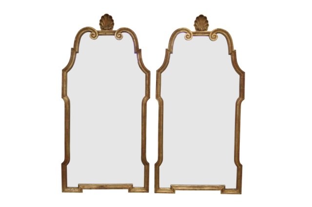PAIR OF GEORGE III STYLE PIER MIRRORS: PAIR OF GEORGE III STYLE PIER MIRRORS Gilt decorated with shell crests, 57 1/2" h x 28" w
