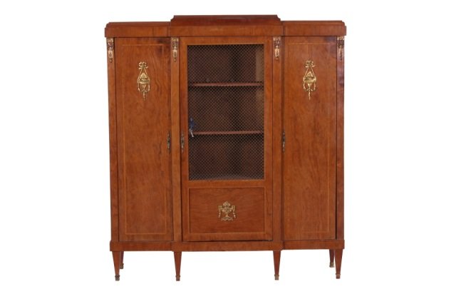 ANTIQUE FRENCH BIBLIOTHEQUE: Walnut with satinwood inlay and bronze applique, late 19th century, 62" long x 70" high x 16" deep.