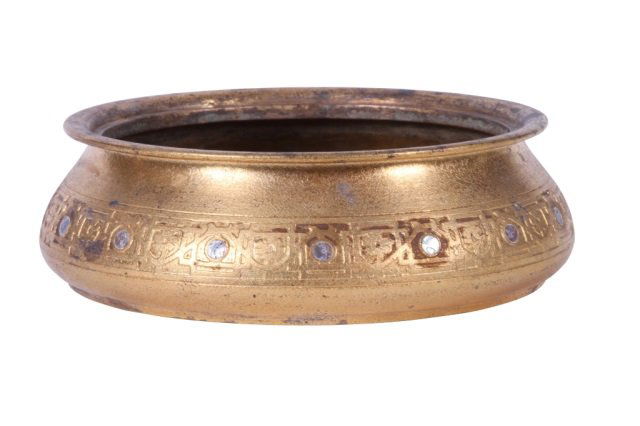 TIFFANY STUDIOS BRONZE & ABALONE PLANTER: Model 1729, lacking liner, 8 3/4" diameter.
