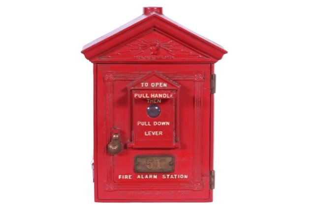 GAMEWELL FIRE BOX: Antique cast iron with brass hardware with original key, 17" high x 12 1/2" wide.