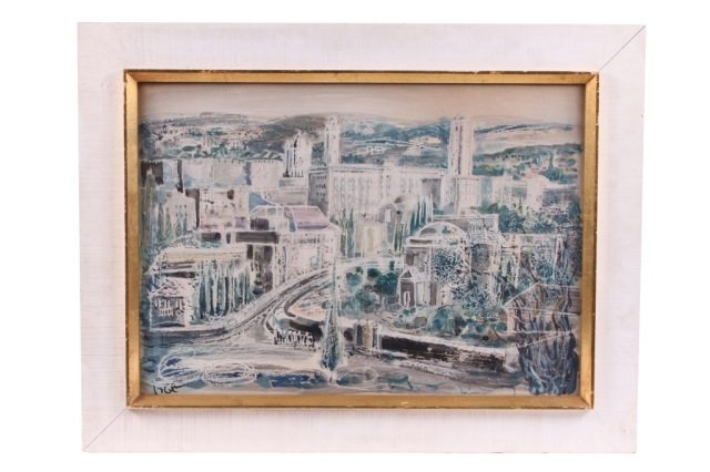 20TH CENTURY CONTINENTAL SCHOOL: Gouache on paper, 18 3/4" x 27" mat cut out, signed indistinctly lower left, good condition.