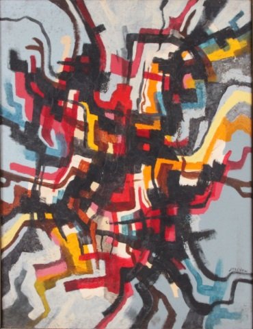 ROGER SELCHOW (b.1911, American): TB 27, abstract, oil on canvas, signed lower right and titled on verso, 25.5" x 19.75", craquelure overall.