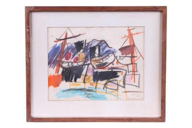 TARO YAMAMOTO (1919-1994, American): Abstract dock, crayon on paper, 121/4" x 15 1/2" (sight), signed and dated lower right 1953, good condition.