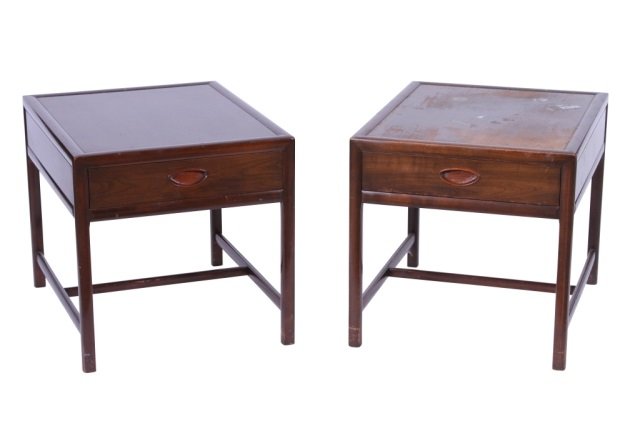 MICHAEL TAYLOR FOR BAKER, PAIR OF SIDE TABLES: 22" wide x 22" high x 27" deep, in need of refinishing.