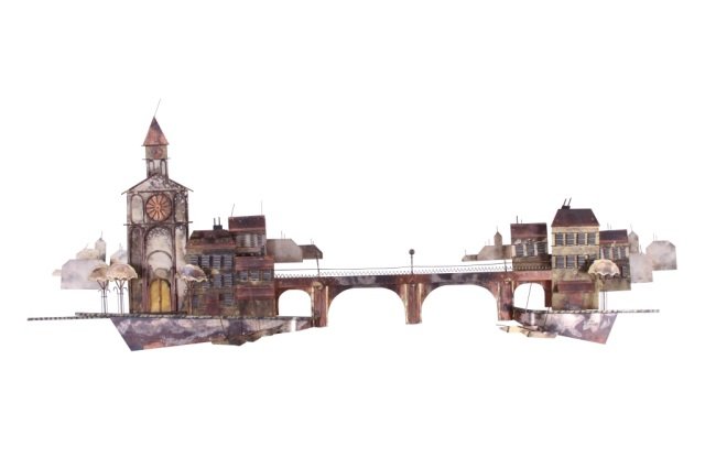 CURTIS JERE, WALL SCULPTURE: CITY WITH BRIDGE: Signed and dated 1972.