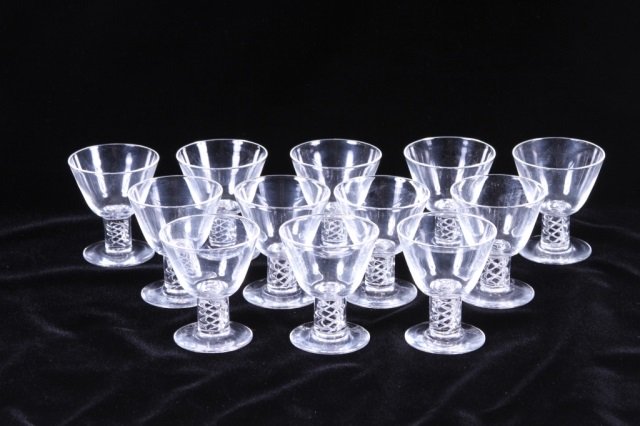 SET OF TWELVE STEUBEN AIR TWIST COCKTAIL GLASSES: Each signed, originally designed by George Thompson, #7917, 3 1/8" diameter x 3 3/4" high, excellent condition.