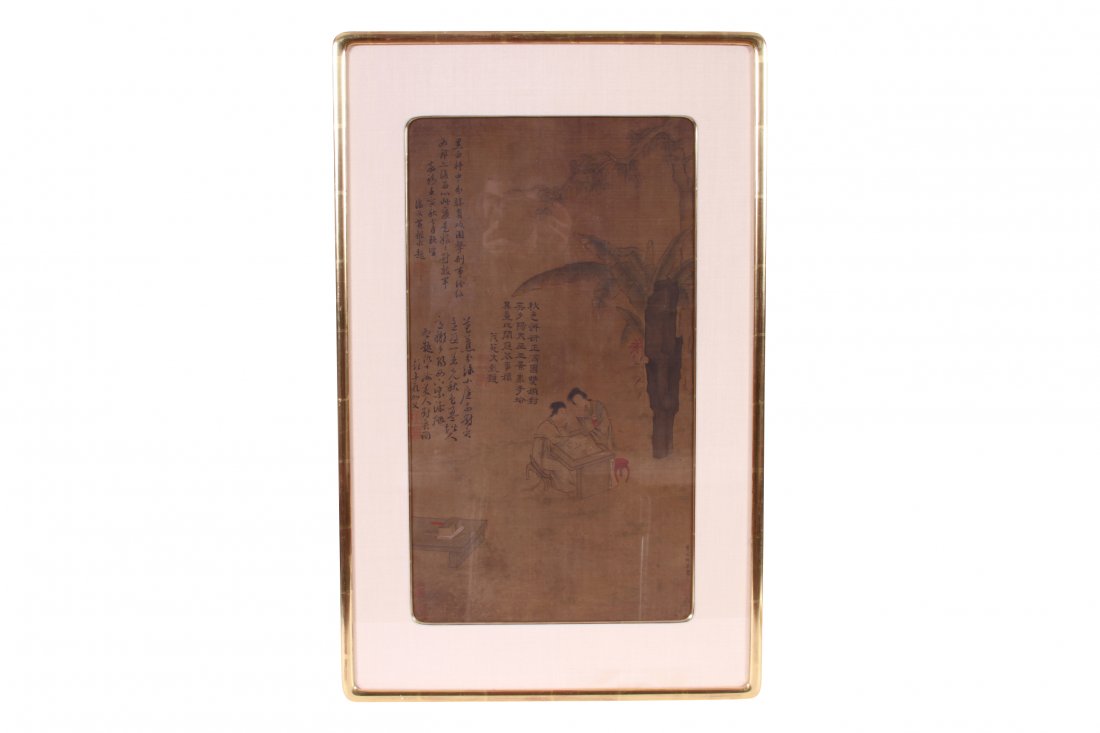 Ming Dynasty Chinese Color & Ink On Silk: Ming Dynasty Chinese Color & Ink On Silk Two ladies playing board game beneath a banana tree. Exhibited at the Panama Pacific International Exhibition in 1915.
