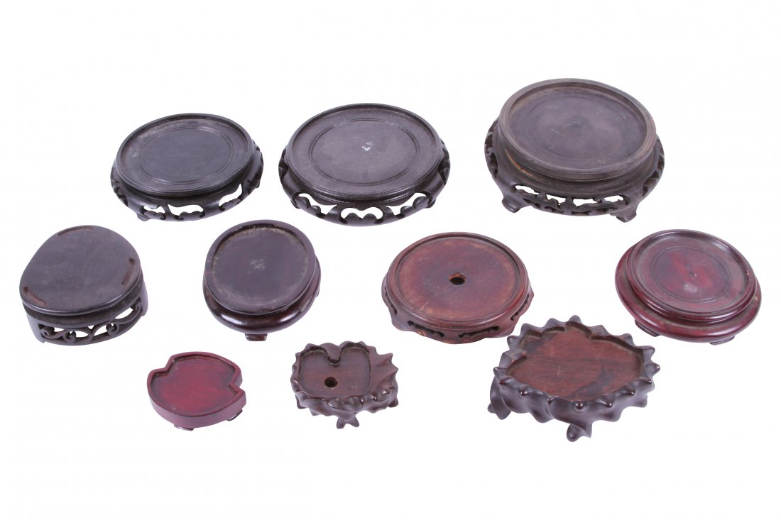 Group Of [ 11 ] Chinese Antique/Vintage Wooden Stands: Group Of [ 11 ] Chinese Antique/Vintage Wooden Stands And Bases various sizes 2 3/4" to 6 1/4" diameter
