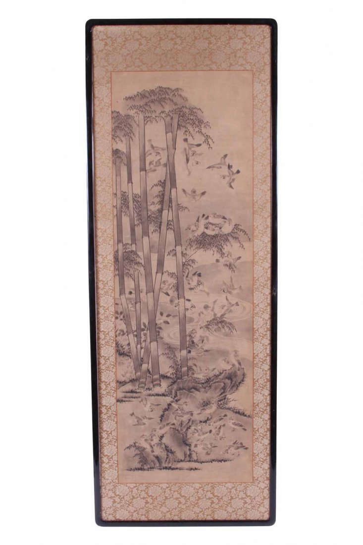 Late Chinese Woodcut On Paper Mounted On Silk: Late Chinese Woodcut On Paper Mounted On Silk Bamboo and Birds in a Mountain Landscape. Overall measurement is 19" x 52" 42" x 14"