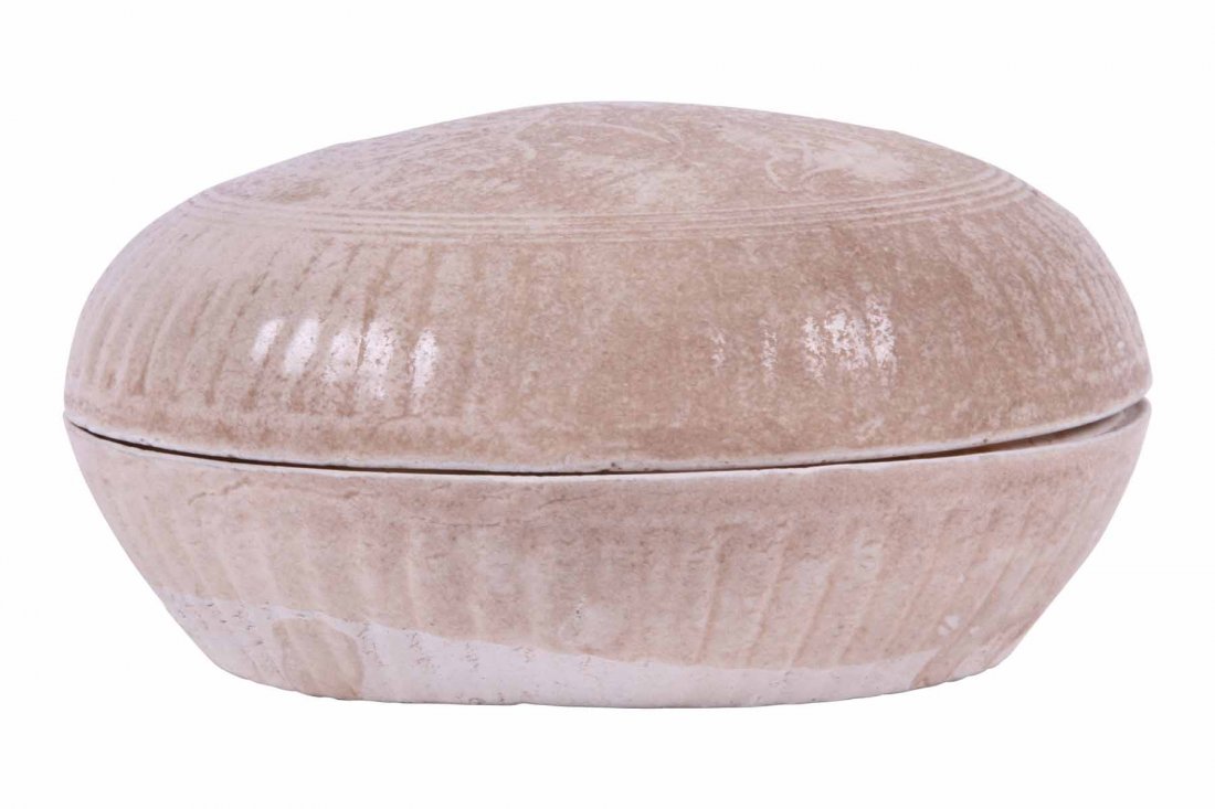 Vietnamese Ivory Glazed Stoneware Covered Box, 15-16th: Vietnamese Ivory Glazed Stoneware Covered Box, 15-16th Centuries ribbed sides and lid 6 1/2" diameter x 2 3/4"