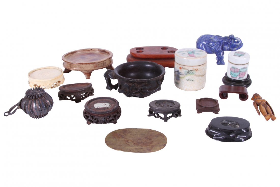 Group Of Chinese And Asian Small Decorative Objects And: Group Of Chinese And Asian Small Decorative Objects And Bases including a carved lapis elephant