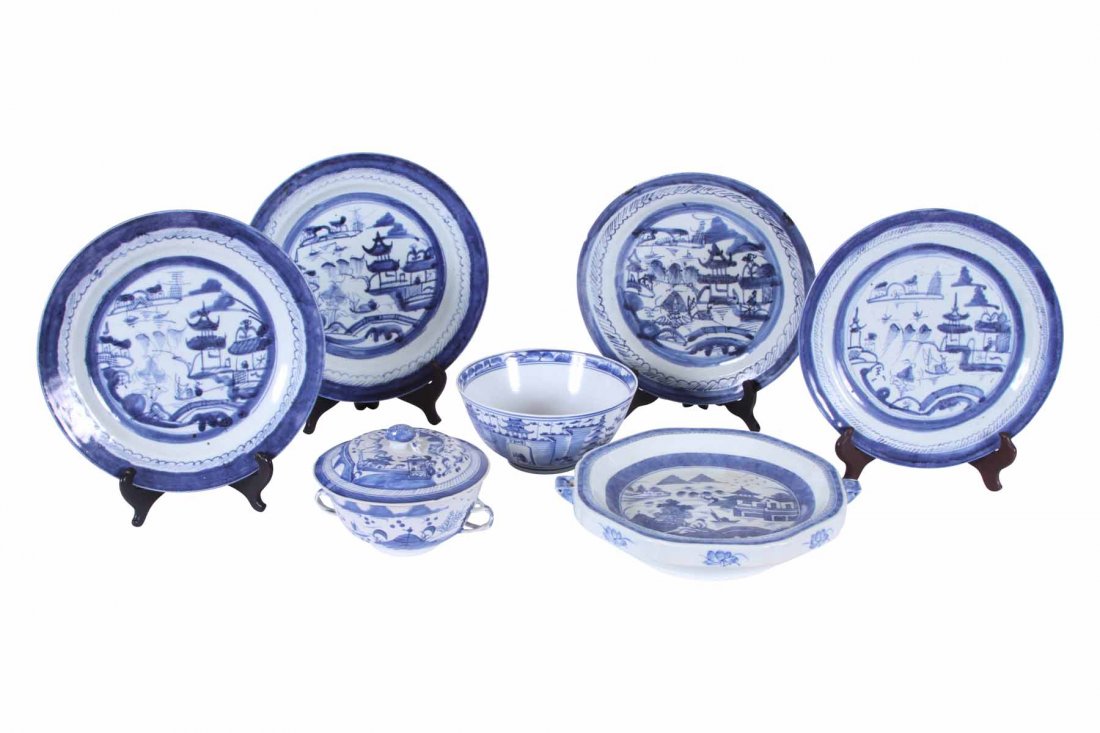 Group Of Seven Blue And White Chinese Porcelain Table: Group Of Seven Blue And White Chinese Porcelain Table Items "decorated in the Canton manner. Plates covered cup rice bowl and hot plate. The cup marked with a false Kangxi reign mark."