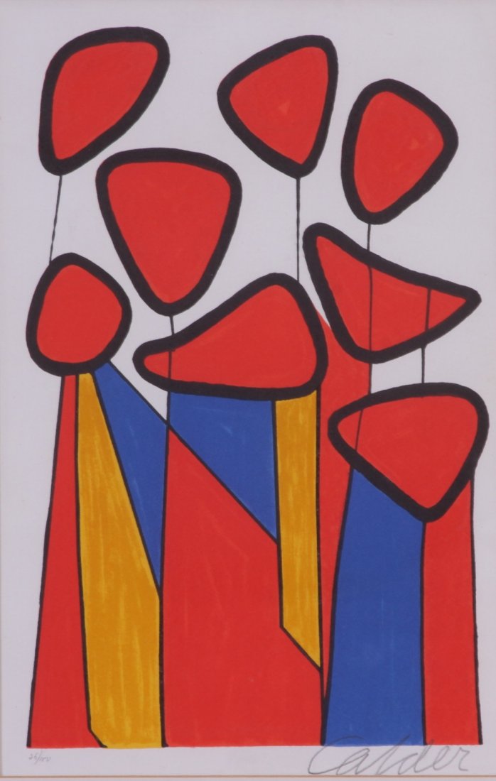 ALEXANDER CALDER (American, 1908 -1976): "Squash Blossoms" Color lithograph pencil signed lower right 'Calder' and numbered 25 / 100. Sight: 12 3/4" x 8 1/4" Frame: 18" x 13" Very good condition.