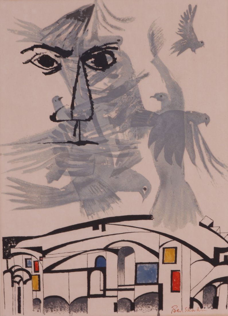 BEN SHAHN (Lithuanian / American, 1898 - 1969): "Birds Over the City" 1968 Color lithograph on Arches paper signed in the plate numbered in pencil lower left 27 / 135. Sight: 29 1/8" x 21 5/8" Frame: 34 1/4" x 26 3/4"
