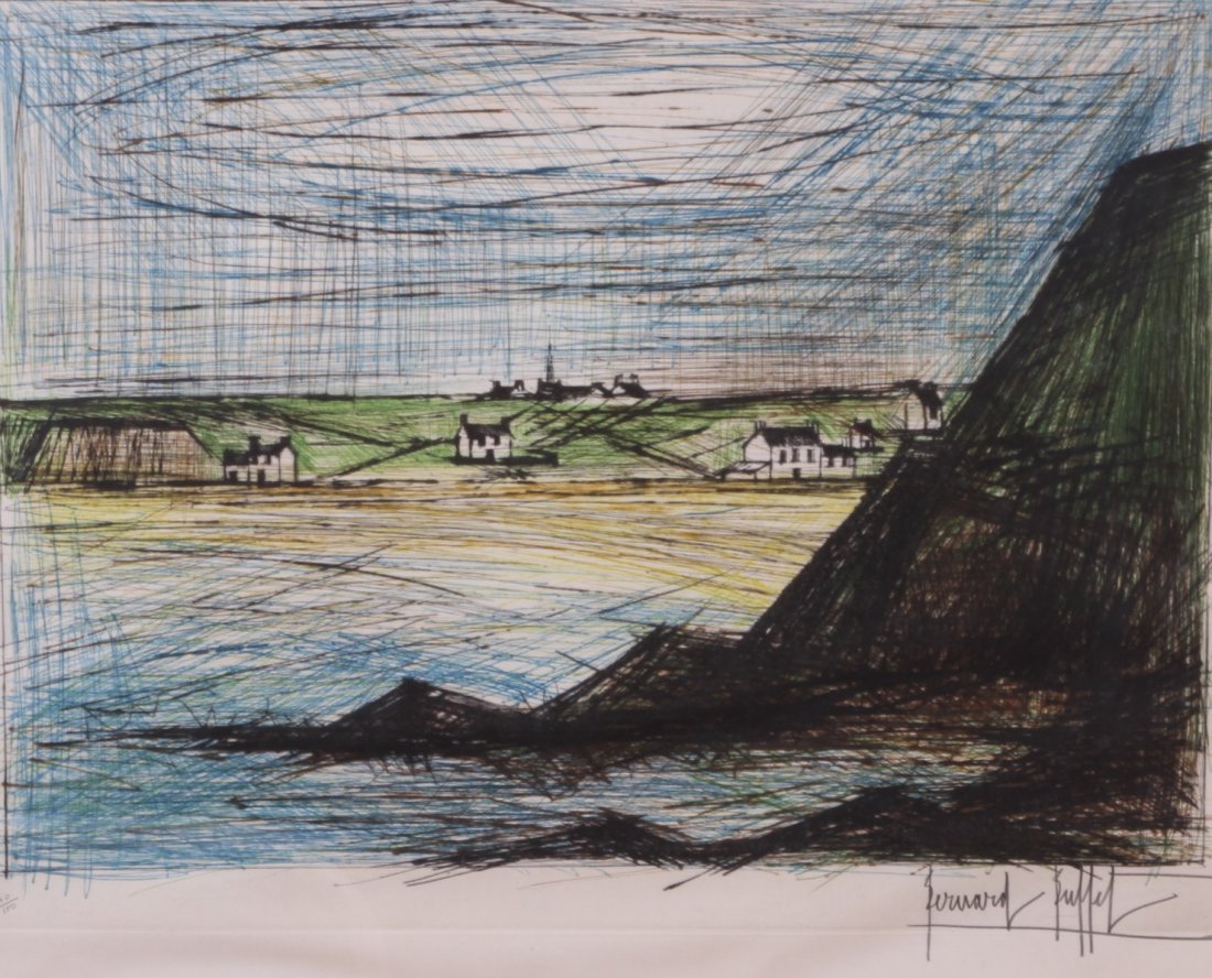 BERNARD BUFFET (French, 1928-1999): "Hillside Farms" Colored engraving pencil signed lower right numbered 40/100 lower left. Plate: 25 1/4" x 19 1/4"