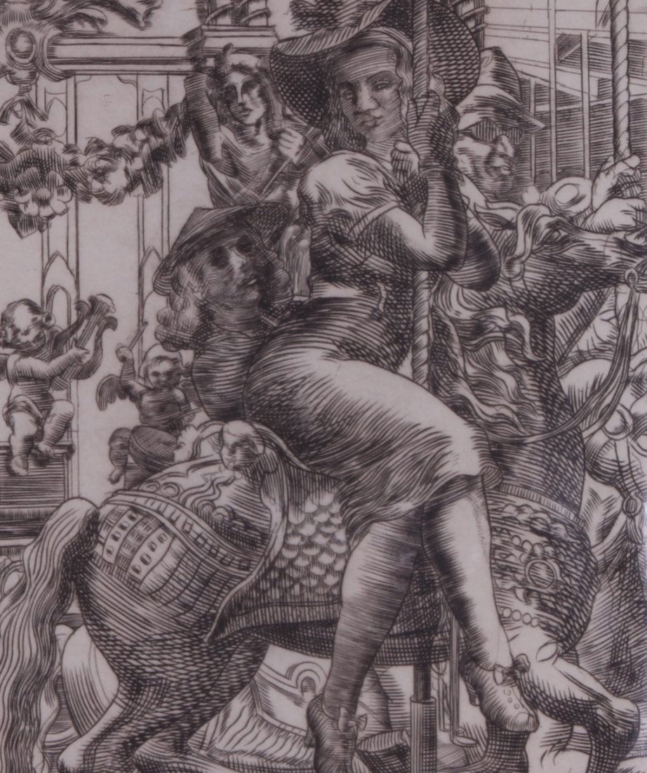 REGINALD MARSH (American, 1898-1954): "Merry Go Round" [S.179] Engraving artist proof edition one of 40 proofs signed in the plate Ca. 1938. Plate: 10" x 7 3/4"