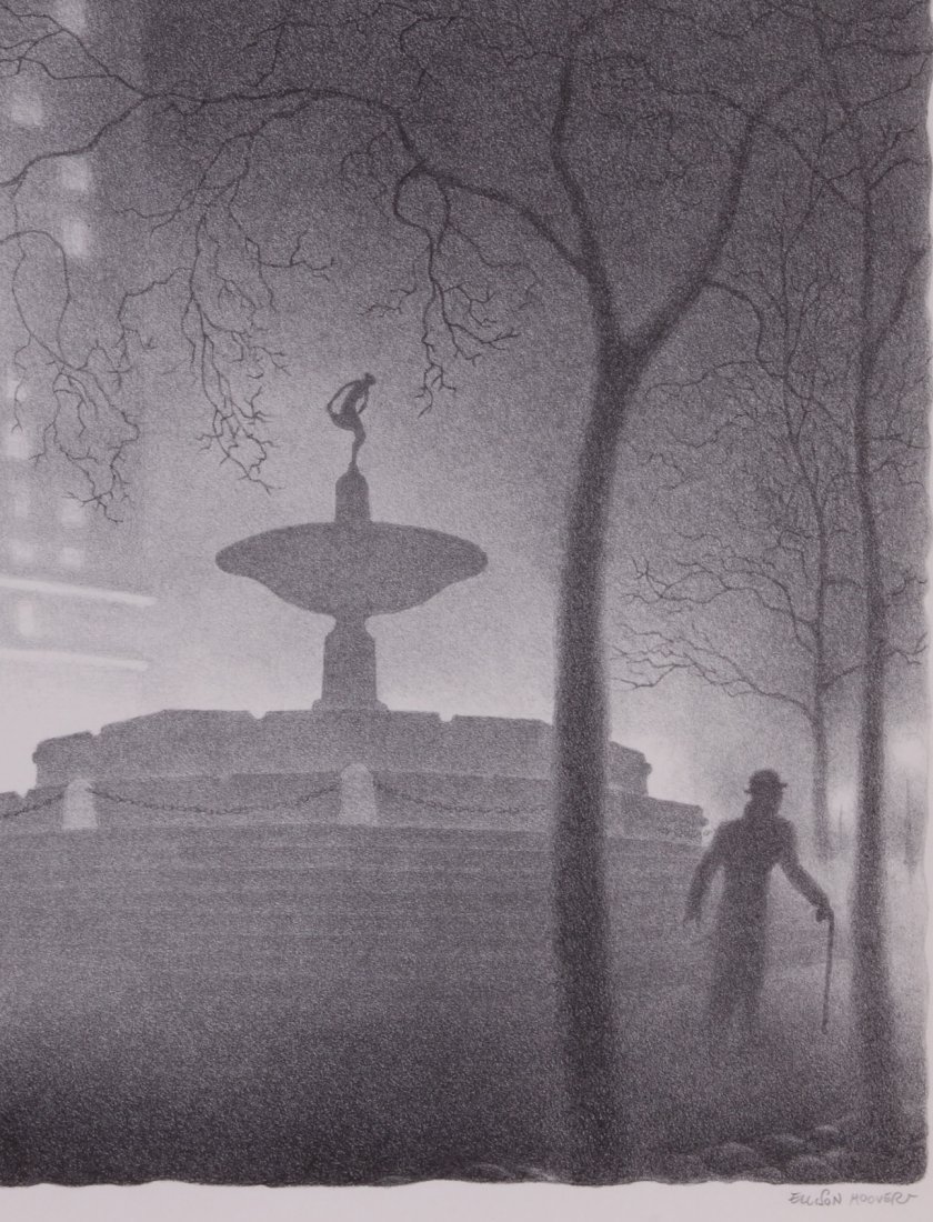 ELLISON HOOVER (American, 1888-1955): "Pulitzer Fountain Central Park Evening" Lithograph Ca. 1930 pencil signed lower right. Plate: 16" x 12" Slight foxing otherwise very good condition.