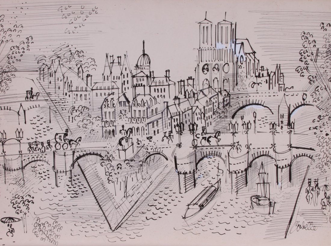 CHARLES COBELLE (French, 1902 - 1994): "Ile de la Cite" with Notre Dame in the distance Pencil and gouache on paper signed Cobelle in lower right. Full sheet: 21 3/4" x 30" Slight bend to corner foxing to paper otherwis