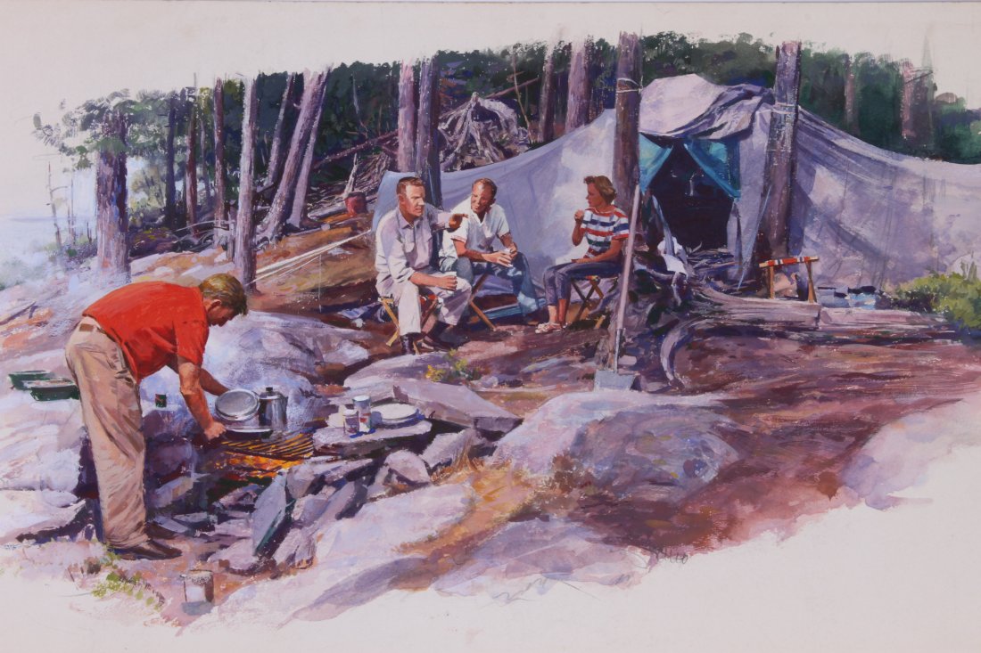 JOHN WALTER SCOTT (American 1907 - 1987): Gouache on illustration board "Lake Camping Scene" pencil signed in lower middle. Stamped on verso and noted the image was used in Sports Afield magazine on page 19 in February year unknown.