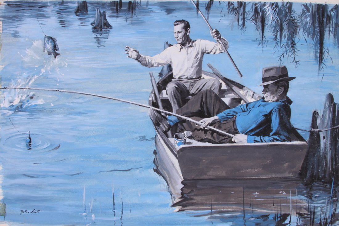 JOHN WALTER SCOTT (American 1907 - 1987): Gouache on illustration board "Friends Fishing" a magazine illustration signed in lower left. Image: 16" x 24"