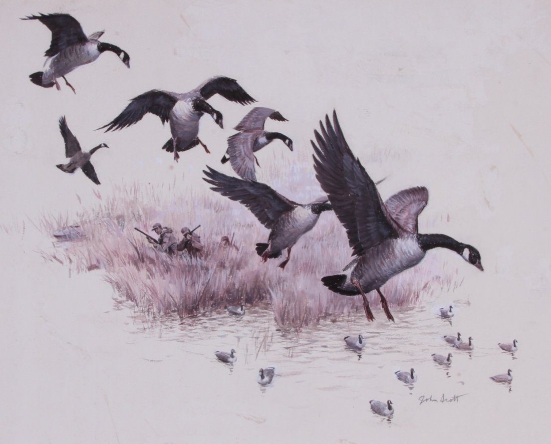 JOHN WALTER SCOTT (American 1907 - 1987): Gouache on illustration board "Goose Hunter's Blind" with in-coming flock signed in lower right artist notes across bottom date stamped for publication Jul 30 1968. Overall: 15" x 22&qu