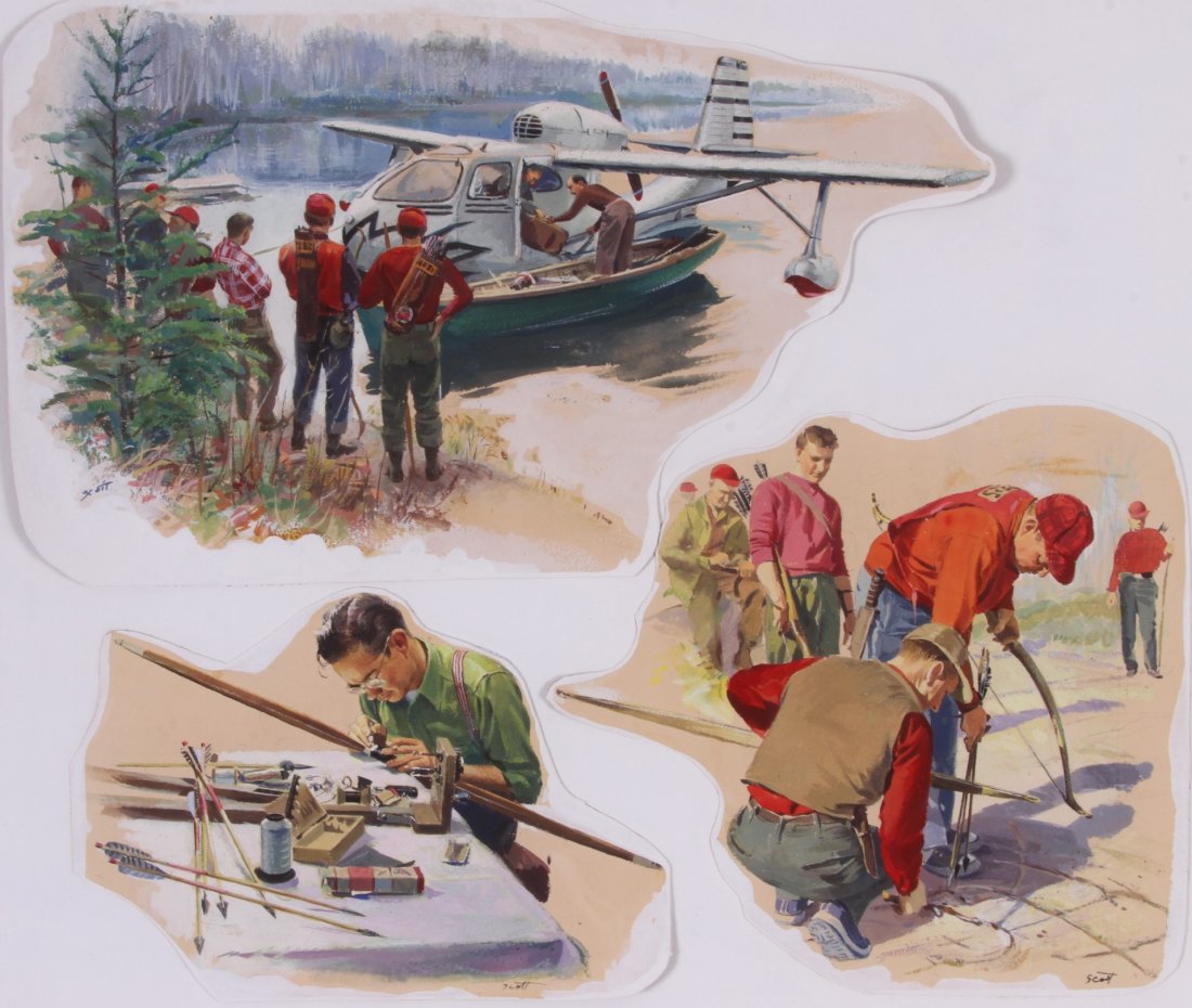 JOHN WALTER SCOTT (American, 1907 - 1987): Gouache on paper " Three Color Vignettes" from a magazine story each signed. Largest: 12" long