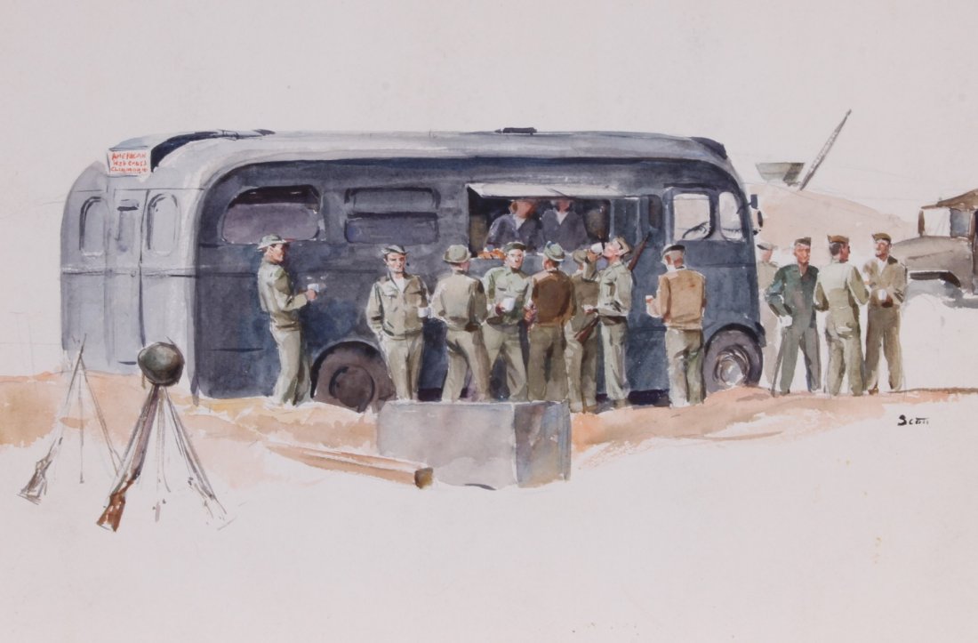 JOHN WALTER SCOTT (American 1907 - 1987): Watercolor and gouache on paper "American Red Cross Bus" signed in lower right. Stamped on verso "released to the artist by the war department" and hand written #2 L.52.112.45. Ful