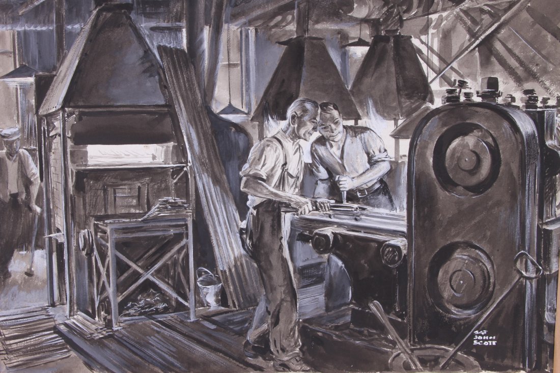 JOHN WALTER SCOTT (American 1907 - 1987): "Rolling Machine Shaping Bayonets " Gouache on paper signed in lower right. Stamped "Passed for publication dated 9 Jun 1944 Shaef field press censor" on verso. Full paper: 14"