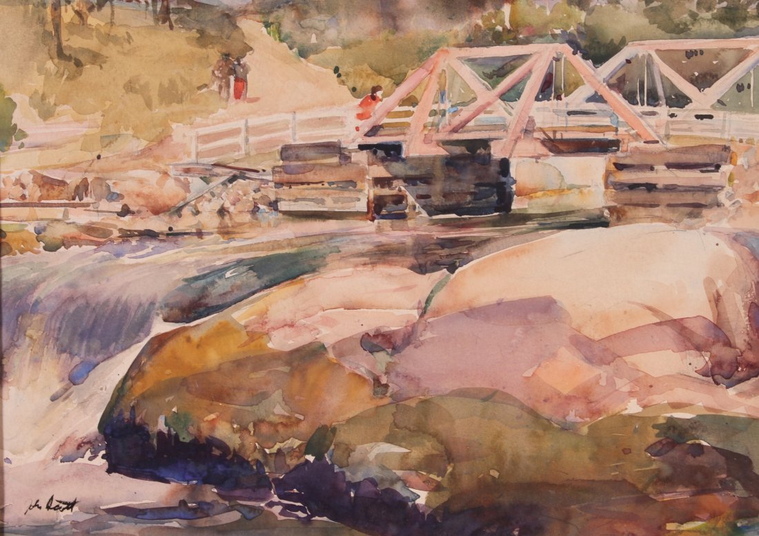 JOHN WALTER SCOTT (American 1907 - 1987): Watercolor on illustration board "The Bridge" signed in lower left. Overall: 13 1/4" x 17 1/4"