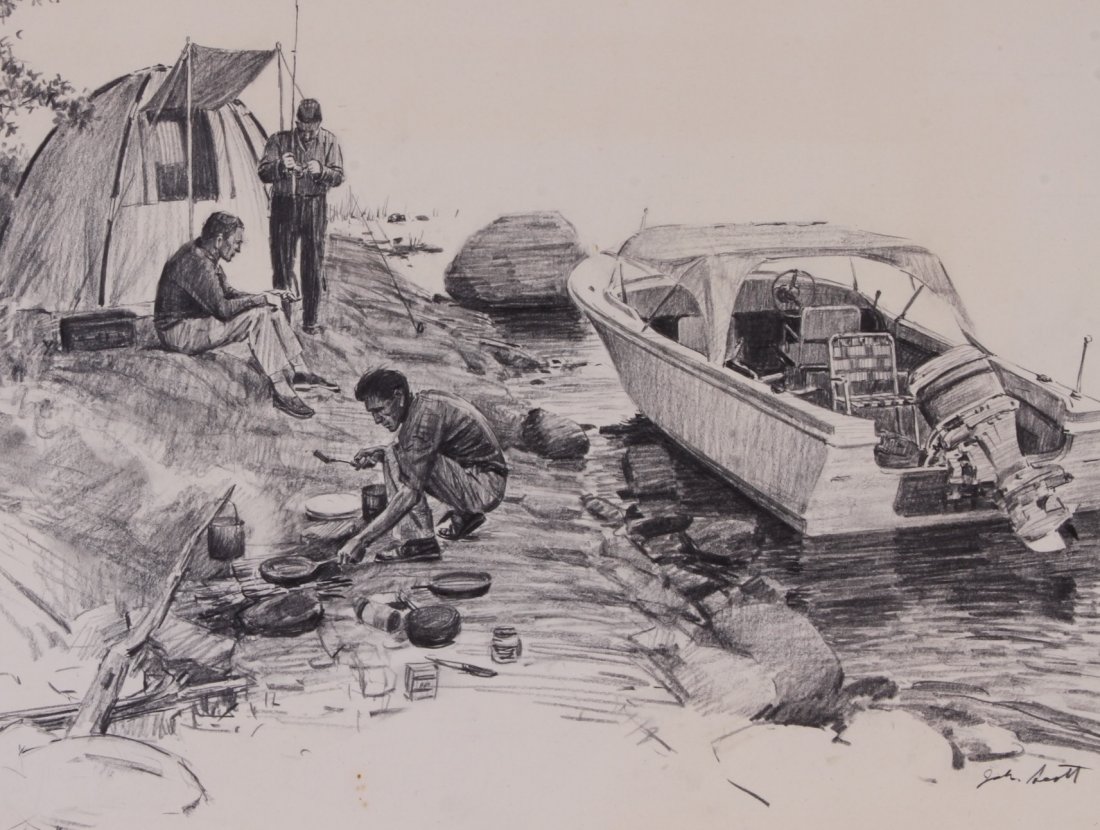 JOHN WALTER SCOTT (American 1907 - 1987): Pencil on paper "Fishing Camp" an illustration to a magazine story or book signed in lower right. Mat has hand written notes of Chapter II Page 8. Sight: 13 1/2" x 16 3/4"