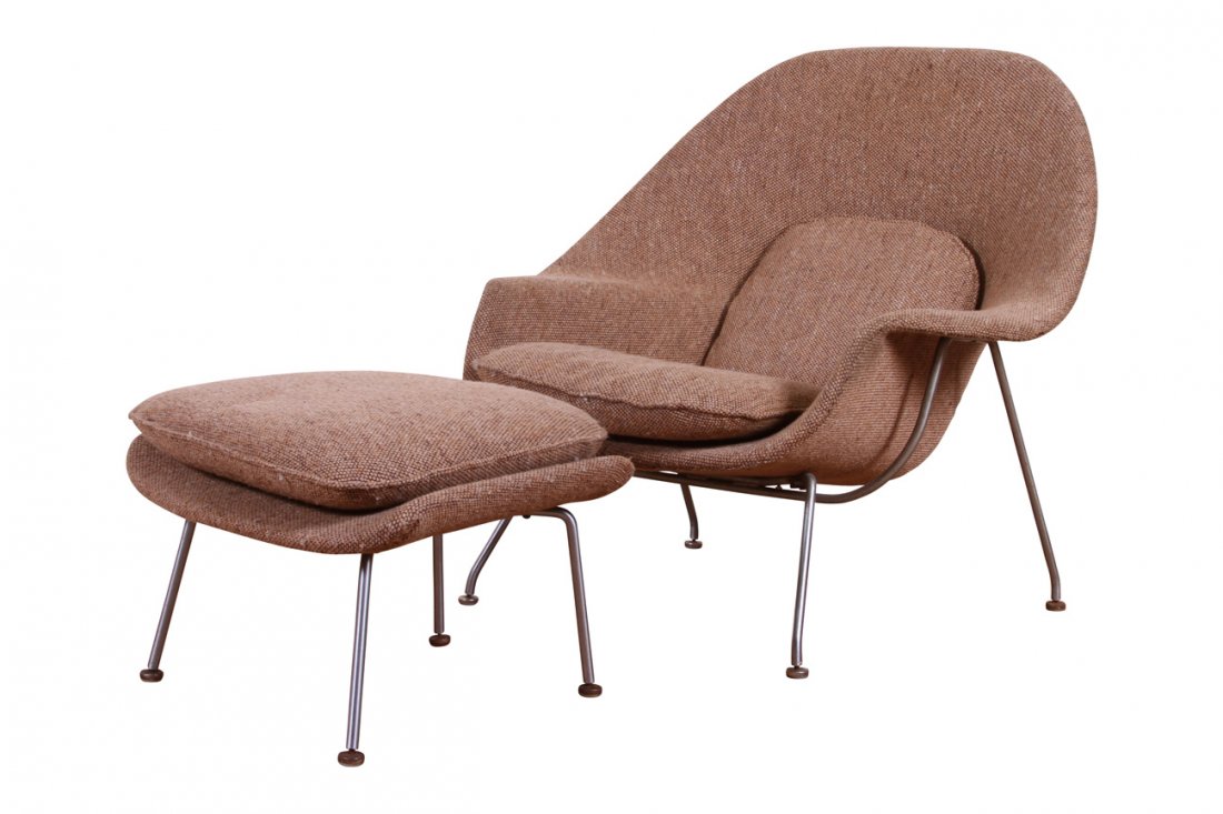 Eero Saarinen For Knoll Studio Womb Chair & Ottoman: Chromed steel and upholstery Circa 1948. 39" long 35" deep x 36" high. Latex foam is dry and compromised.