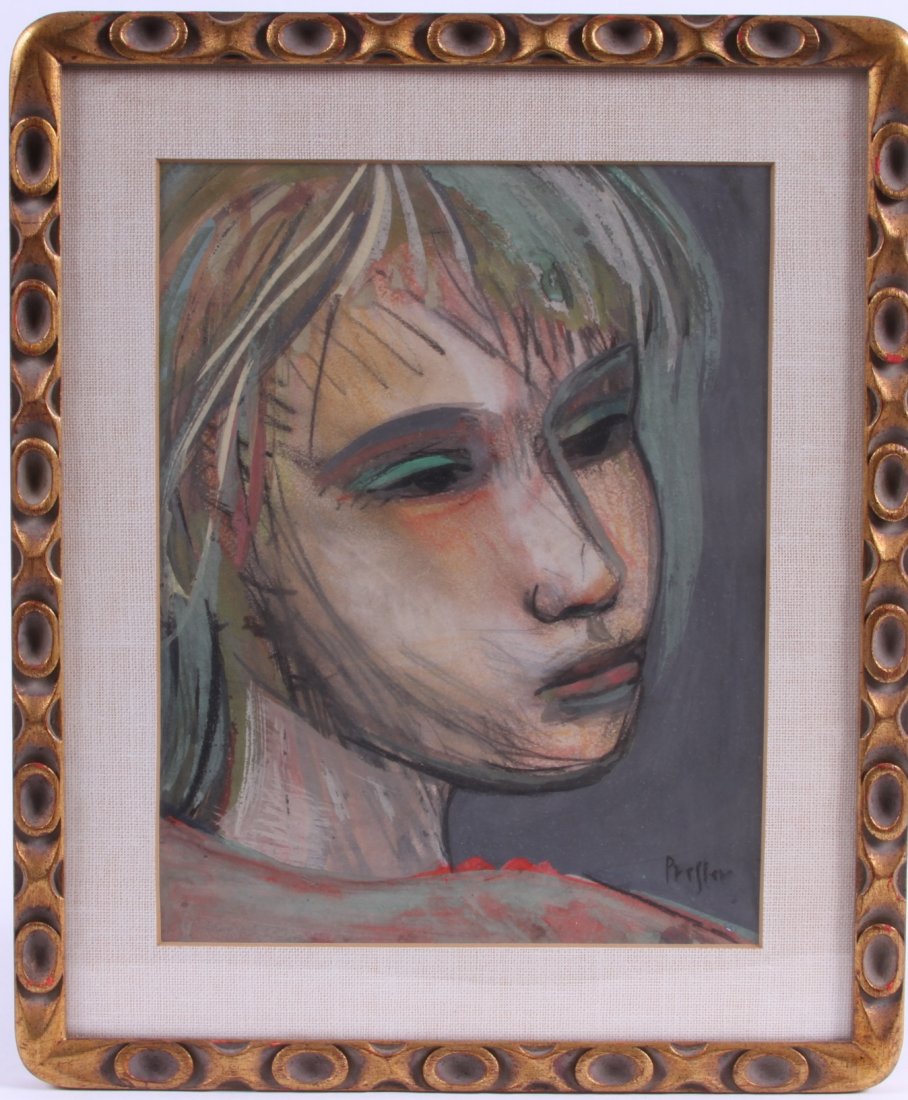 V. Preffer, Original Charcoal Of Girl: Original charcoal of girl artist signed in lower right in carved gilded frame with linen mat. Sight: 11" x 8 1/2" Frame: 15 3/8" x 12 3/4"