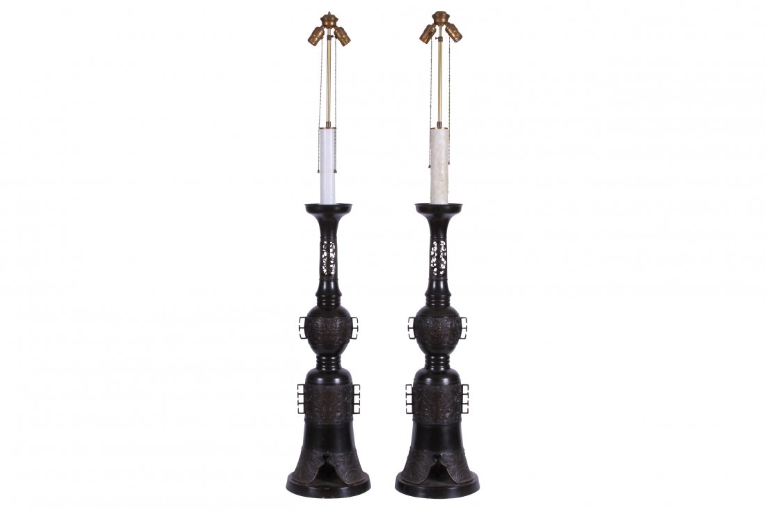 Pair Of James Mont Style Mid-Century Lamps: 10" wide x 57" high. Very good condition.