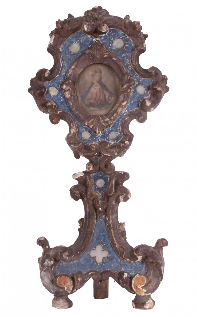 17th Century Spanish Colonial Altar Reliquary: Wood polychrome and parcel gilt with pearl inlay. Religious figure picture in frame. 8" long x 17" high.