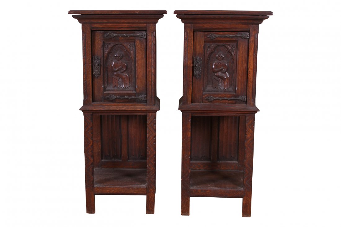 Pair Of Antique Cabinets: Beautifully carved wood. Upper door opens for storage area and lower section has shelf. 20 1/2" long x 16" deep x 45" high.