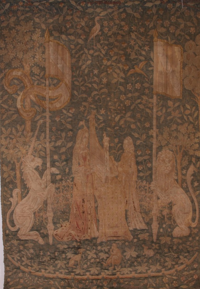 An Older Machine Made Copy Of A 'Unicorn' Tapestry: 'The Lady and the Unicorn' The original 15th century. 52 3/4" long x 77" high.