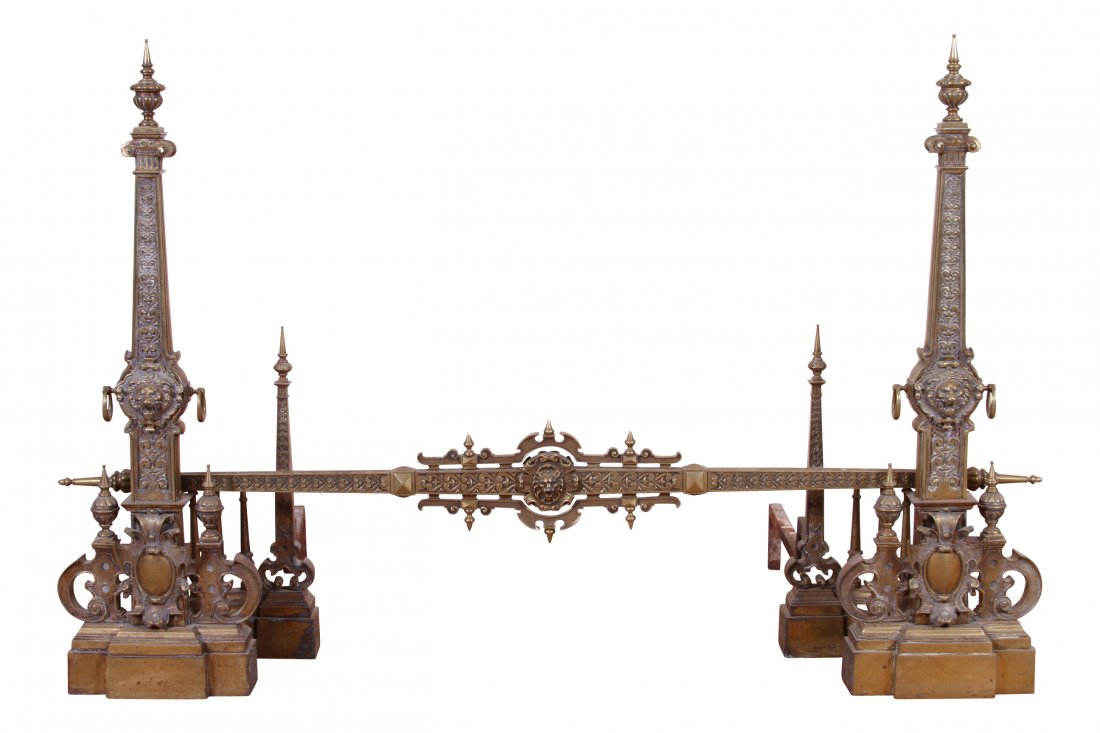 Pair Of Bronze Monumental Andirons: Renaissance revival Ca. 1860 - 1880. Stunning pair of high style bronze andirons elaborately designed with lion heads. 37" high. Very good condition.