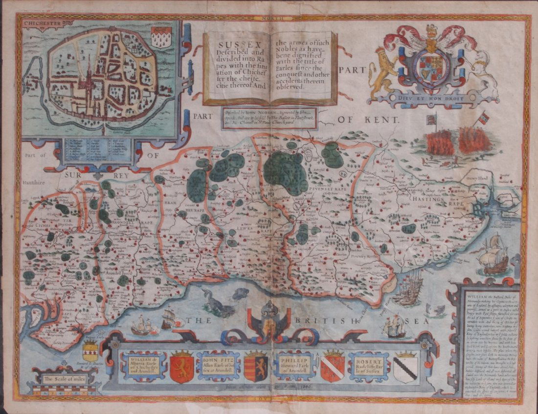 1666 Map Of Sussex: Hand colored 17th century map professionally framed. Title: Sussex Described and divided into Rapes with the situation of the Chichester the cheife citie thereof. And the armes of such Nobles as have