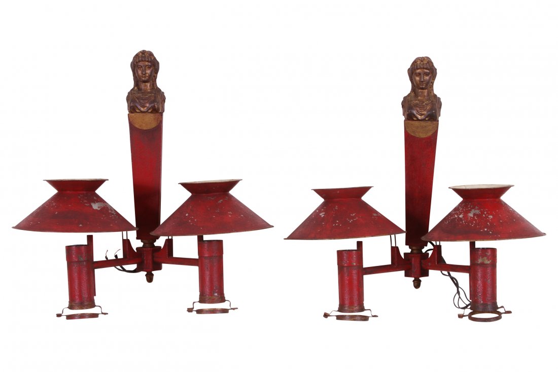 Pair Of Tole Wall Sconces, Mid 19th Century: Original red paint. Needs new wiring. 18" high x 16" wide. Good condition.